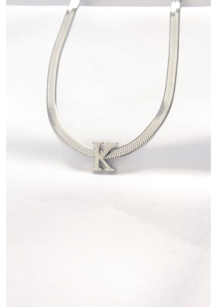 316L Çelik K Harfli Silver Renk Italyan Zincirli Kolye