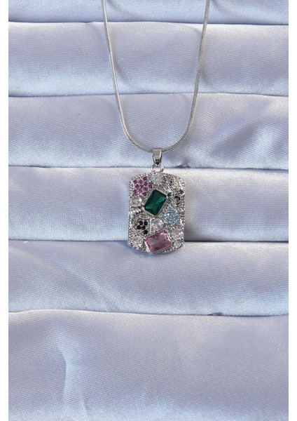 316L Gümüş Renk Çok Renkli Zirkon Taşlı Vintage Kolye