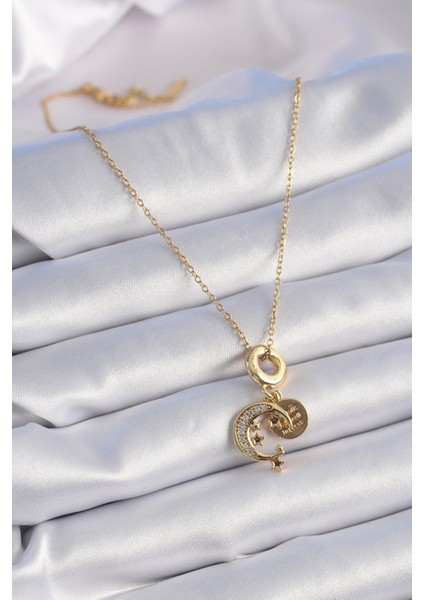316L Çelik Gold Renk Zirkon Taşlı Ay Yıldız Model Charm Model Kadın Kolye fiyatları