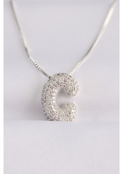 316L Çelik Zincirli Zirkon Taşlı C Harfli Silver Renk Bubble Kolye