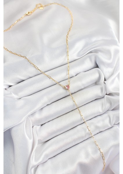 Pirinç Zirkon Taşlı Pembe Kalp Figürlü Y Model Gold Renk Kadın Kolye fiyatları