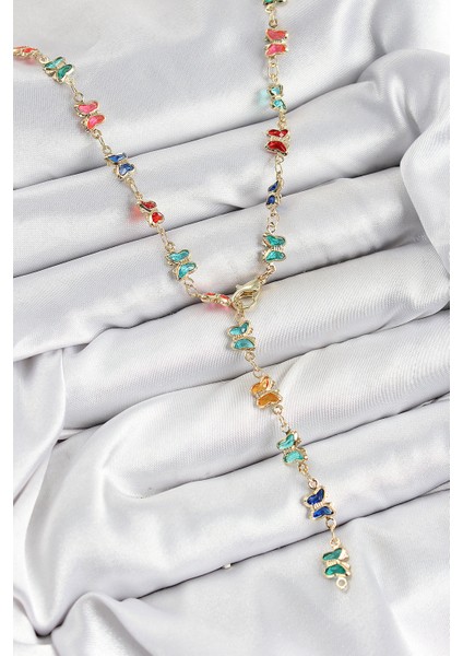 Pirinç Renkli Zirkon Taşlı Kelebek Model Gold Renk Kadın Y Kolye