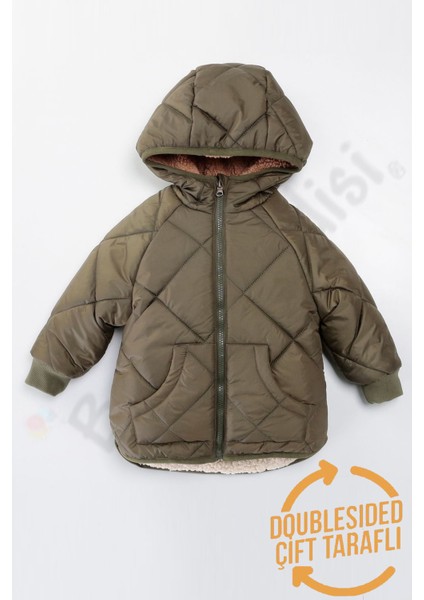 Çift Taraflı Peluş Kürklü Şişme Fermuarlı Cepli Kar Kapüşonlu Kışlık Erkek Bebek Mont Çocuk Kaban