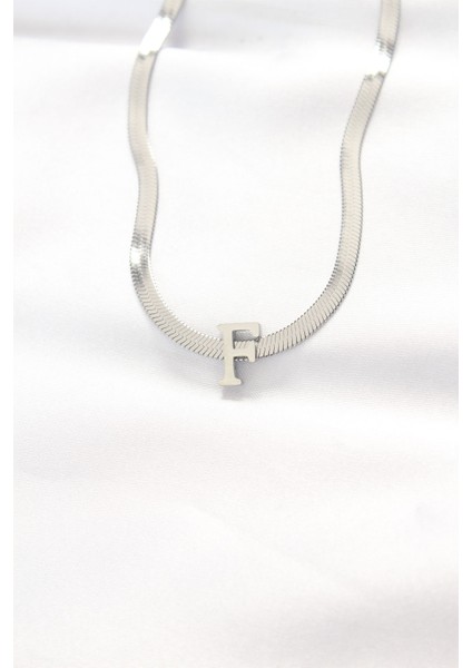316L Çelik F Harfli Silver Renk Italyan Zincirli Kolye