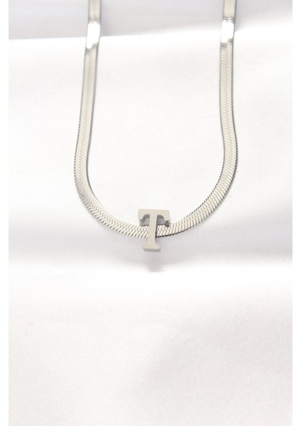 316L Çelik T Harfli Silver Renk Italyan Zincirli Kolye