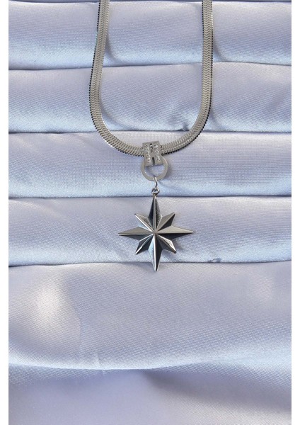 316L Çelik Gümüş Renk Zirkon Taşlı Italyan Zincirli Kutup Yıldızı Kolye