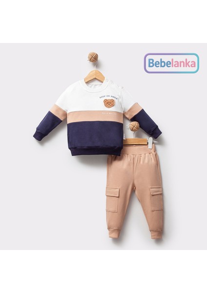Erkek Çocuk Bej Renk Bloklu Ayıcık Desenli Sweatshirt ve Kargo Eşofman Takımı