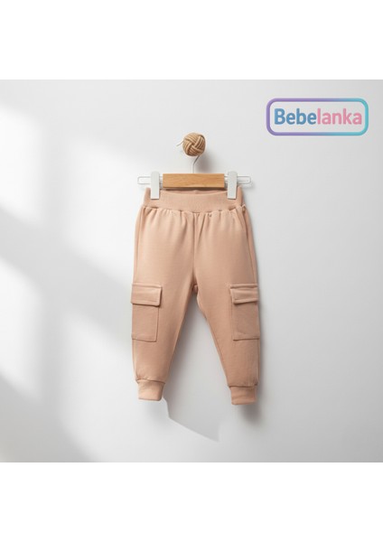 Erkek Çocuk Bej Renk Bloklu Ayıcık Desenli Sweatshirt ve Kargo Eşofman Takımı modelleri