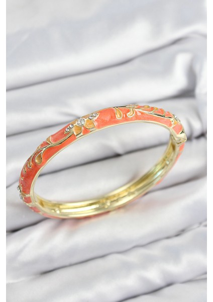 Mineli Pirinç Zirkon Taşlı Turuncu Çiçek Motifli Gold Kadın Kelepçe