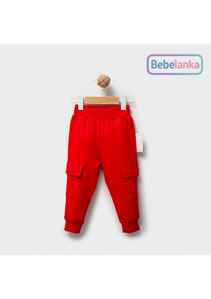 Erkek Çocuk Kırmızı Renk Bloklu Ayıcık Desenli Kargo Eşofman Takımı modelleri