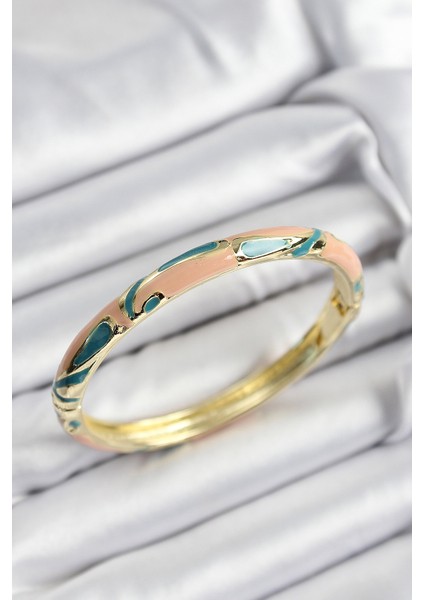 Mineli Pirinç Krem ve Yeşil Mermer Motifli Gold Renk Kadın Kelepçe