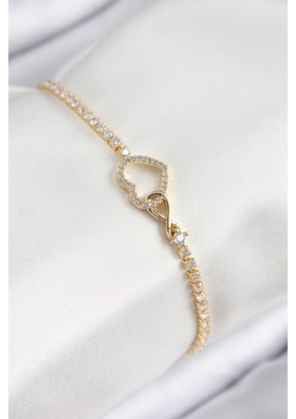 Pirinç Zirkon Taşlı Sonsuzluk Kalp Model Gold Renk Kadın Bileklik
