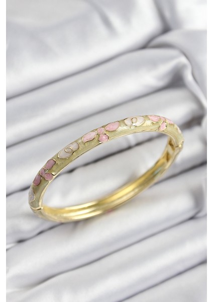 Mineli Pirinç Pembe Hardal ve Krem Çiçek Motifli Gold Renk Kadın Kelepçe