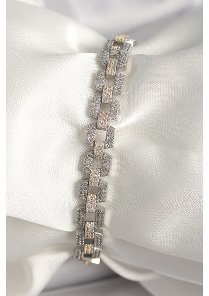 Pirinç Mix Renk Zirkon Taşlı Zincir Model Vıp Seri Kadın Bileklik