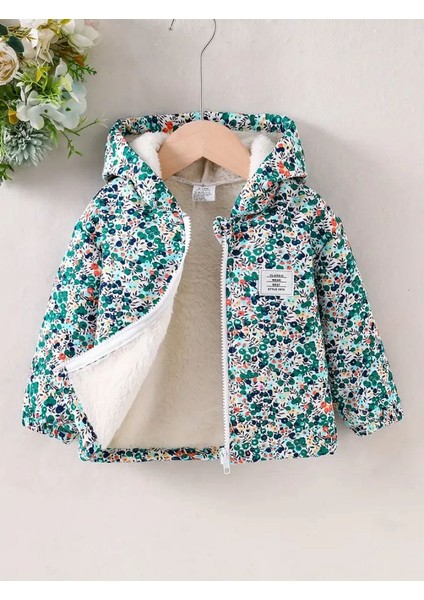 Renkli Çiçek Desenli, Fermuarlı, Kapüşonlu ve Içi Peluş Astarlı Kız Çocuk Montu, Günlük Model.