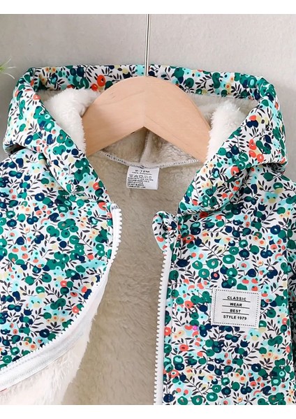 Renkli Çiçek Desenli, Fermuarlı, Kapüşonlu ve Içi Peluş Astarlı Kız Çocuk Montu, Günlük Model. modelleri