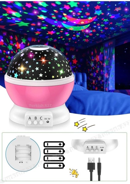 Pembe Dönen Renkli Ay Yıldızlı Gökyüzü Yansıtmalı Projeksiyon Gece Lambası Çocuk Bebek Parti Odası ( Lisinya )