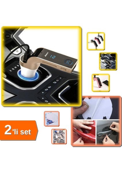 Carg7 Bluetooth Araç Fm Transmitter USB Girişli + 8 Adet Şeffaf Kapı Kolu Koruyucu Film - 2li Set B3