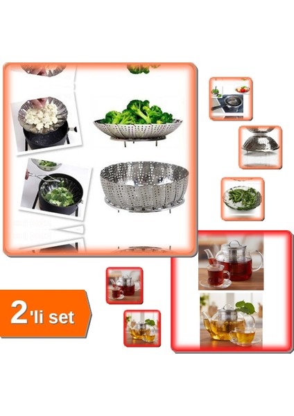 Buharda Pişirme Sebze Haşlama Sepeti + Demlik Çay Süzgeci Büyük Boy Paslanmaz Çelik - 2li Set H2J9X6