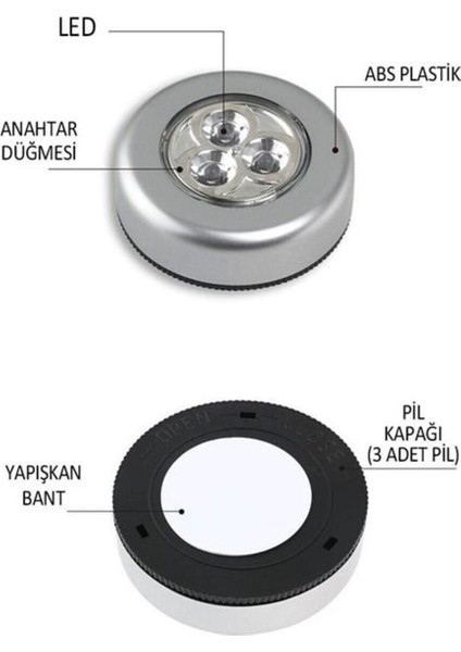 Kablosuz Spot Pilli Dokunmatik LED Lamba 3 Ledli Dolap Lambası indirimleri