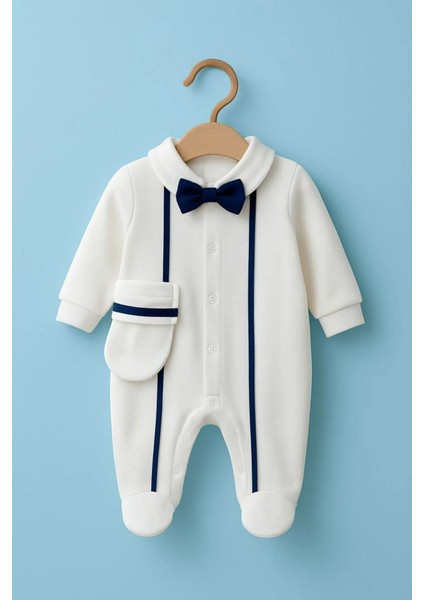 Papyonlu Askı Detaylı %100 Pamuk Erkek Bebek Tulum & Şapka Seti (0-3 Ay)