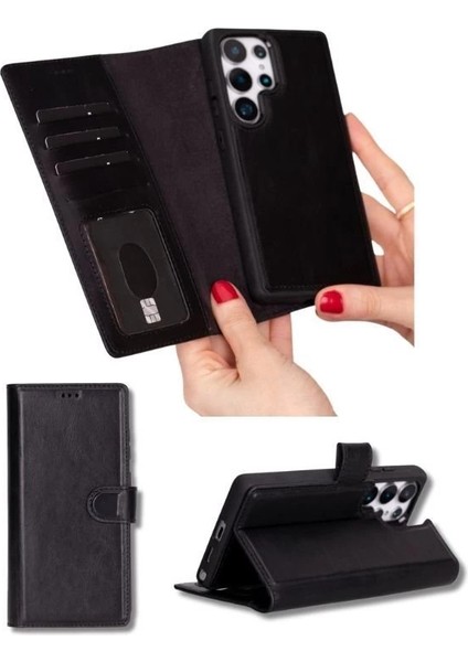 Samsung Galaxy S25 Ultra Uyumlu, Hakiki Deri, El Yapımı, Cüzdanlı Kılıf, Parlak Siyah