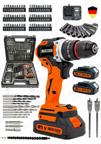 Alman 21 V Darbeli Profesyonel Kömürsüz Motor Çift Akülü Şarjlı Vidalama Matkap