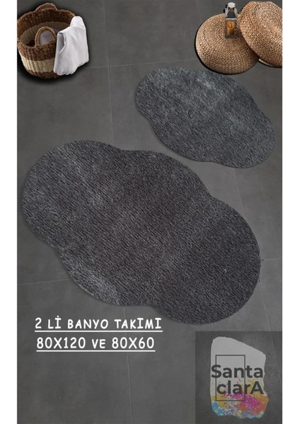 Antrasıt Banyo Halısı Peluş Post Halı Klozet 2 Li Takımı 80X120 + 80X60