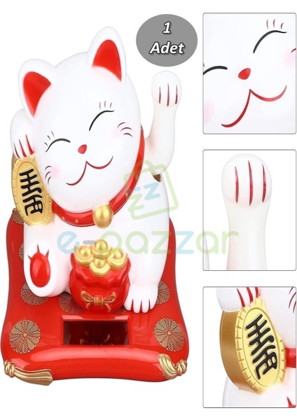 Japon Kültürü Bereket Şans Mutluluk Çağıran Şans Kedisi Solar Panelli Hareketli Pati Maneki Neko