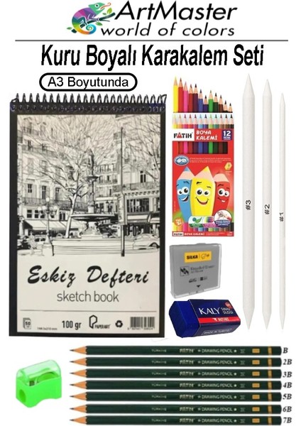 A3 Eskiz Defteri 50 Yaprak Spiralli Kuru Boya Fatih Dereceli Kalem Karakalem Seti Hamur Silgi Gölgelendirme Kalemi