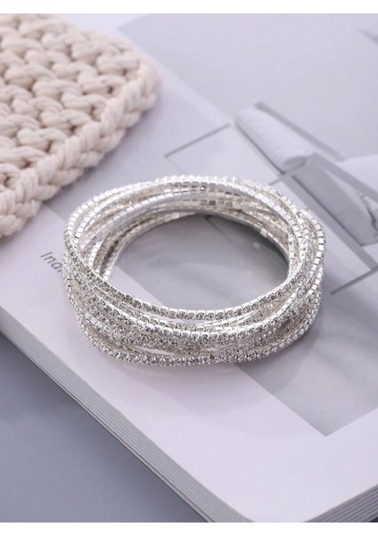 India Parlak Taşlı 3 Adet Minimal 925 Gümüş Kaplama Esnek Bileklik