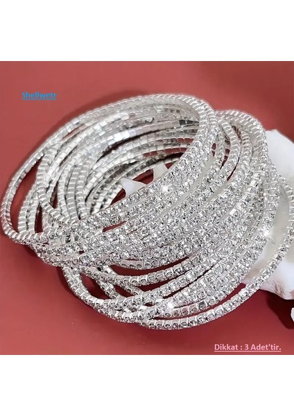 India Parlak Taşlı 3 Adet Minimal 925 Gümüş Kaplama Esnek Bileklik fırsatları