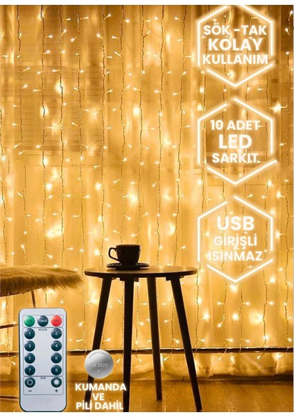 Led Işık 5 Metre Sarı Işık Perdeli Aydınlatma – USB Girişli, Bakır Telli, 10 Halkalı Tasarım, Perde Asma Aparatlı ve Uzaktan Kumandalı Dekoratif Işık Zinciri MZ-350 indirimleri
