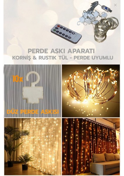 Led Işık 5 Metre Sarı Işık Perdeli Aydınlatma – USB Girişli, Bakır Telli, 10 Halkalı Tasarım, Perde Asma Aparatlı ve Uzaktan Kumandalı Dekoratif Işık Zinciri MZ-350