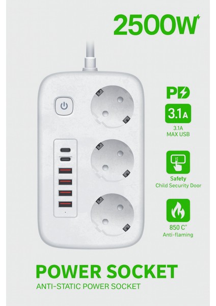 2500W Çoklu Priz 2 Metre – 3’lü Ac Priz +5 USB Çıkışı Akım Korumalı Alev Almayan Gövde,