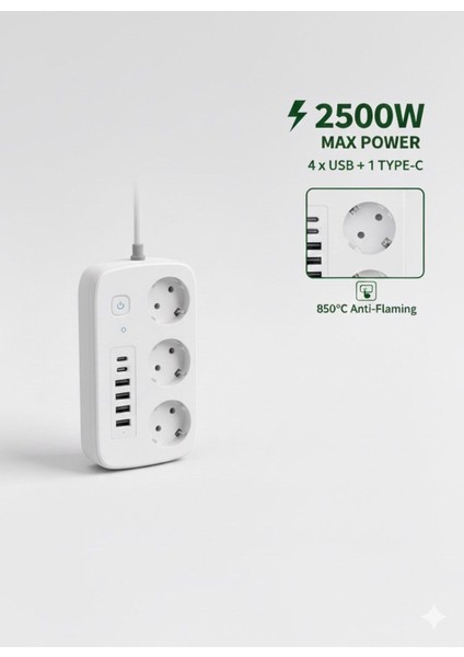 2500W Çoklu Priz 2 Metre – 3’lü Ac Priz +5 USB Çıkışı Akım Korumalı Alev Almayan Gövde, modelleri