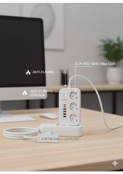 2500W Çoklu Priz 2 Metre – 3’lü Ac Priz +5 USB Çıkışı Akım Korumalı Alev Almayan Gövde, fırsatları