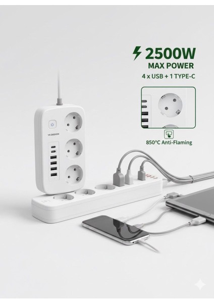 2500W Çoklu Priz 2 Metre – 3’lü Ac Priz +5 USB Çıkışı Akım Korumalı Alev Almayan Gövde, indirimleri