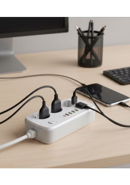 2500W Çoklu Priz 2 Metre – 3’lü Ac Priz +5 USB Çıkışı Akım Korumalı Alev Almayan Gövde,