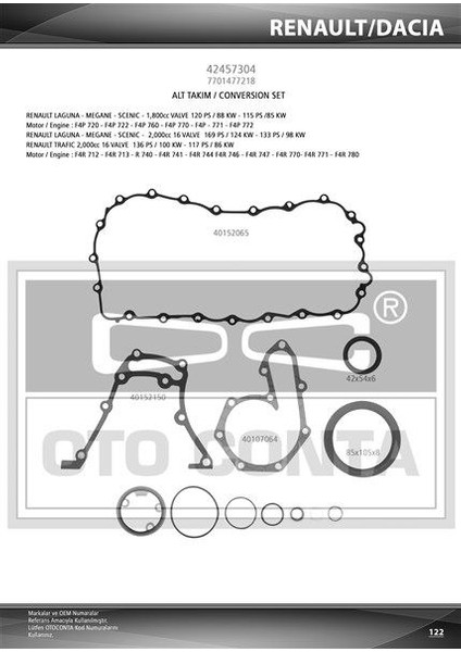 42457304 - Alt Takım Conta Mgn-Lgn-Scenıc 2.0 16V F4R700/701/732- F4P720 Keçeli