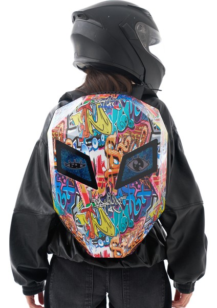 LED Göz Maskeli Grafiti Akıllı Sırt Çantası – USB Şarj Girişli, Sert Kasa