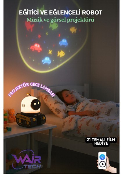 🧸eğitici ve Eğlenceli Robot Temali Projektör Gece Lambası 21 Filmli