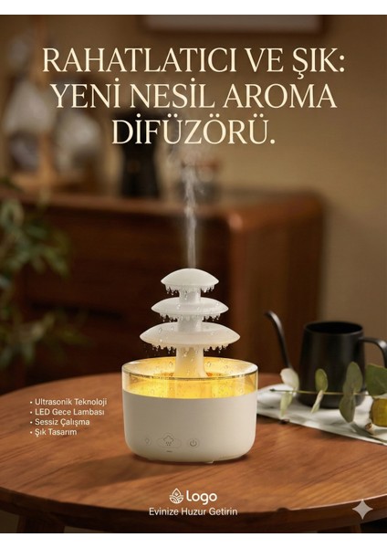 3 Katlı Şelale Yağmur Tasarımlı Ultrasonik Aroma Difüzör – 6 Renk LED Işıklı Hava Nemlendirici