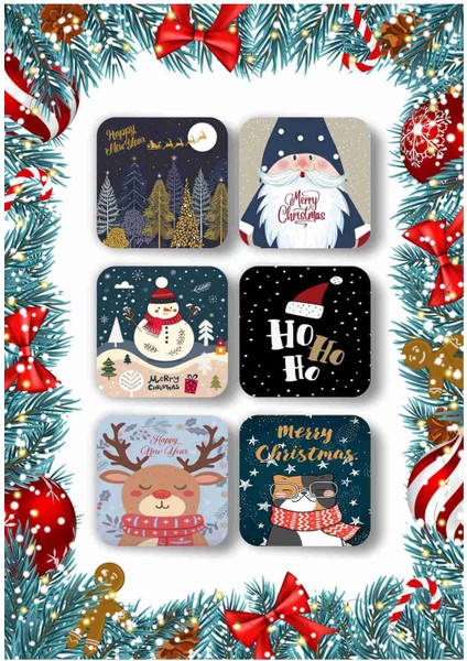 Mutlu Yıllar - Yılbaşı - Yeni Yıl - Merry Christmas Temalı Ahşap Bardak Altlığı Seti 6 Adet