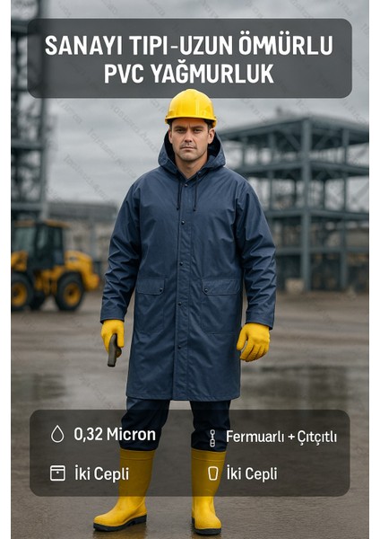 Pvc Kalın Yağmurluk Kapüşonlu 0.32 Mikron Kalınlık Fermuarlı Çıtçıtlı Su Geçirmez Iş Tipi Yağmurluk