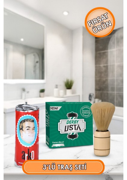 3'lü Traş Seti Ahşap Saplı Sakal Fırçası, Sabun ve Jiletli Fırsat Paketi