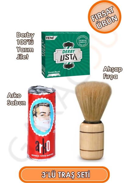 3'lü Traş Seti Ahşap Saplı Sakal Fırçası, Sabun ve Jiletli Fırsat Paketi fiyatları