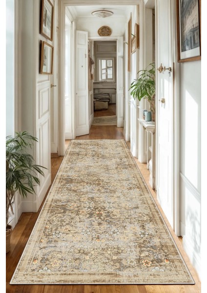 Kaymaz Taban Yıkanabilir Kalın Dokulu Halı Yolluk Mutfak Halısı Bej