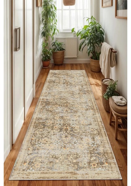 Kaymaz Taban Yıkanabilir Kalın Dokulu Halı Yolluk Mutfak Halısı Bej modelleri