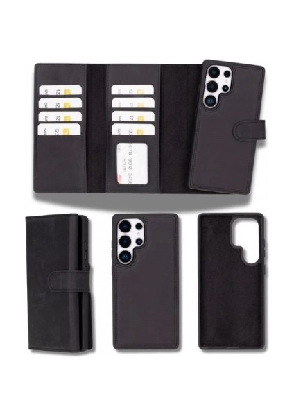 Samsung Galaxy S25 Ultra Uyumlu, Hakiki Deri, El Yapımı, Cüzdanlı Kılıf, Mat Siyah